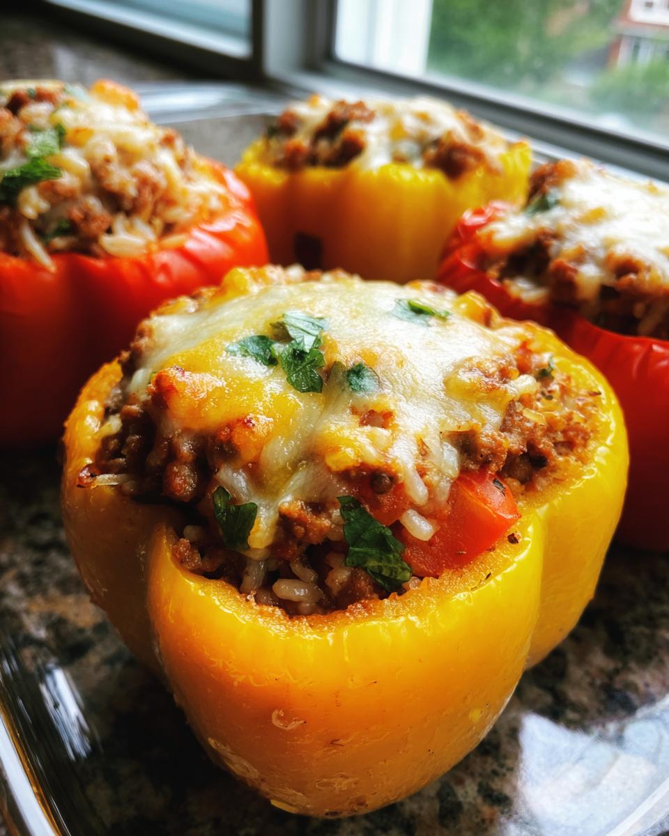 Close-up of a yellow and red bell pepper stuffed with a savory meat and rice mixture, topped with melted cheese and parsley.