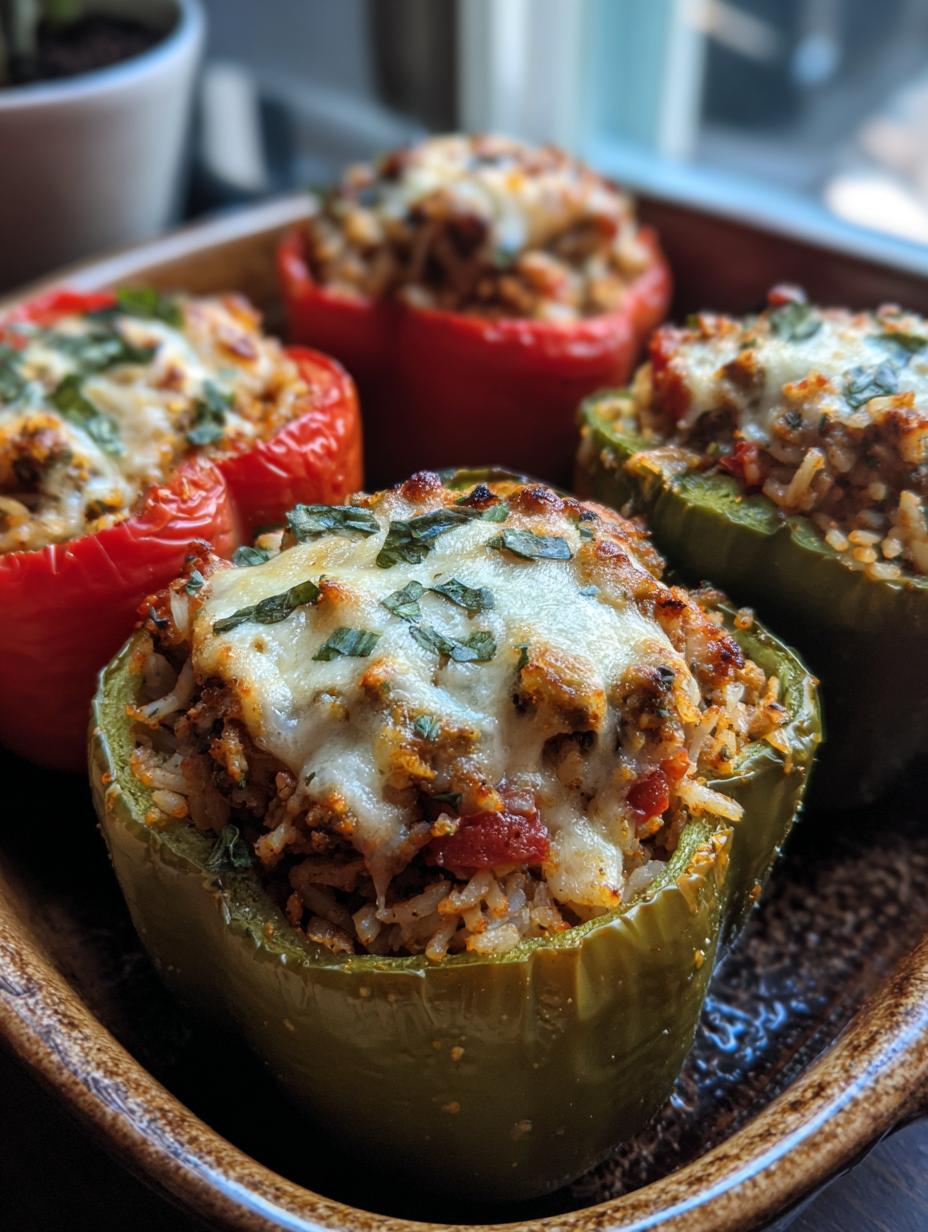 Close-up of Easy Stuffed Bell Peppers filled with rice and meat, topped with melted cheese and herbs.