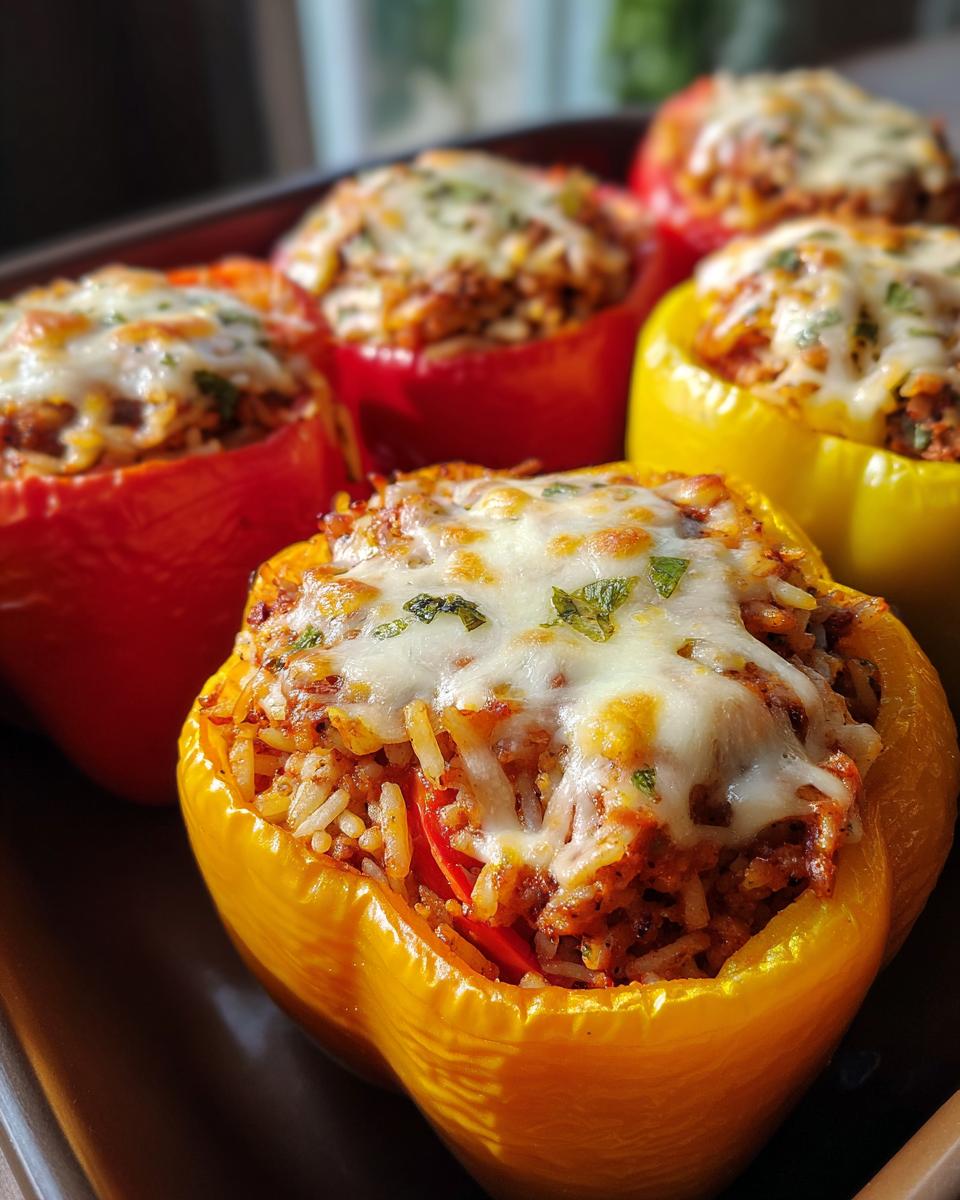 Close-up of colorful Easy Stuffed Bell Peppers filled with rice and meat, topped with melted cheese and herbs.