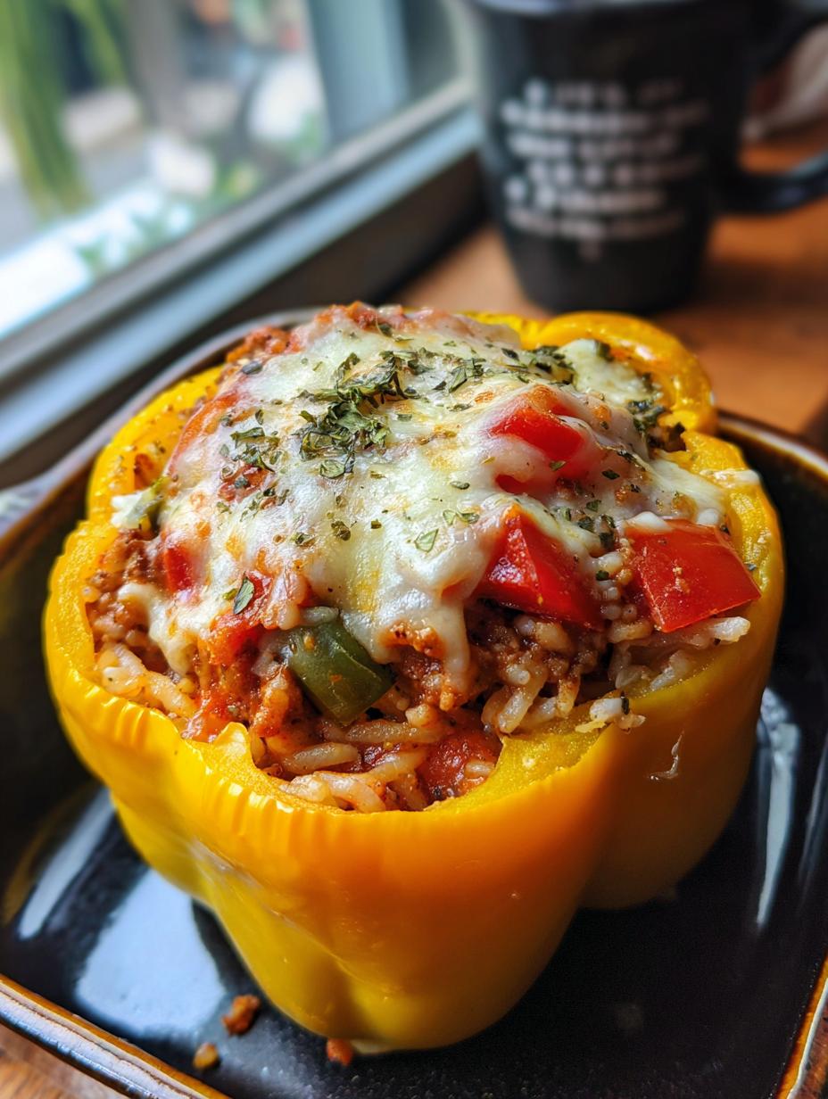 A close-up of a yellow bell pepper stuffed with a savory mixture of meat, rice, and vegetables, topped with melted cheese and herbs.
