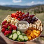 A colorful and easy snack plate for summer, featuring strawberries, grapes, cheese cubes, cucumber slices, crackers, and dip.