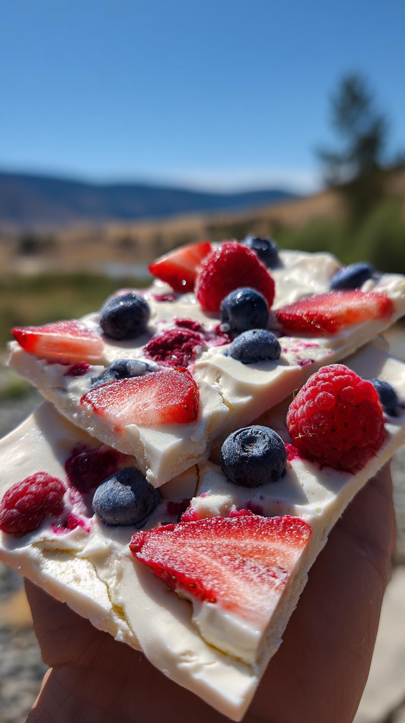 Close-up of a hand holding pieces of frozen yogurt bark topped with fresh strawberries, blueberries, and raspberries.