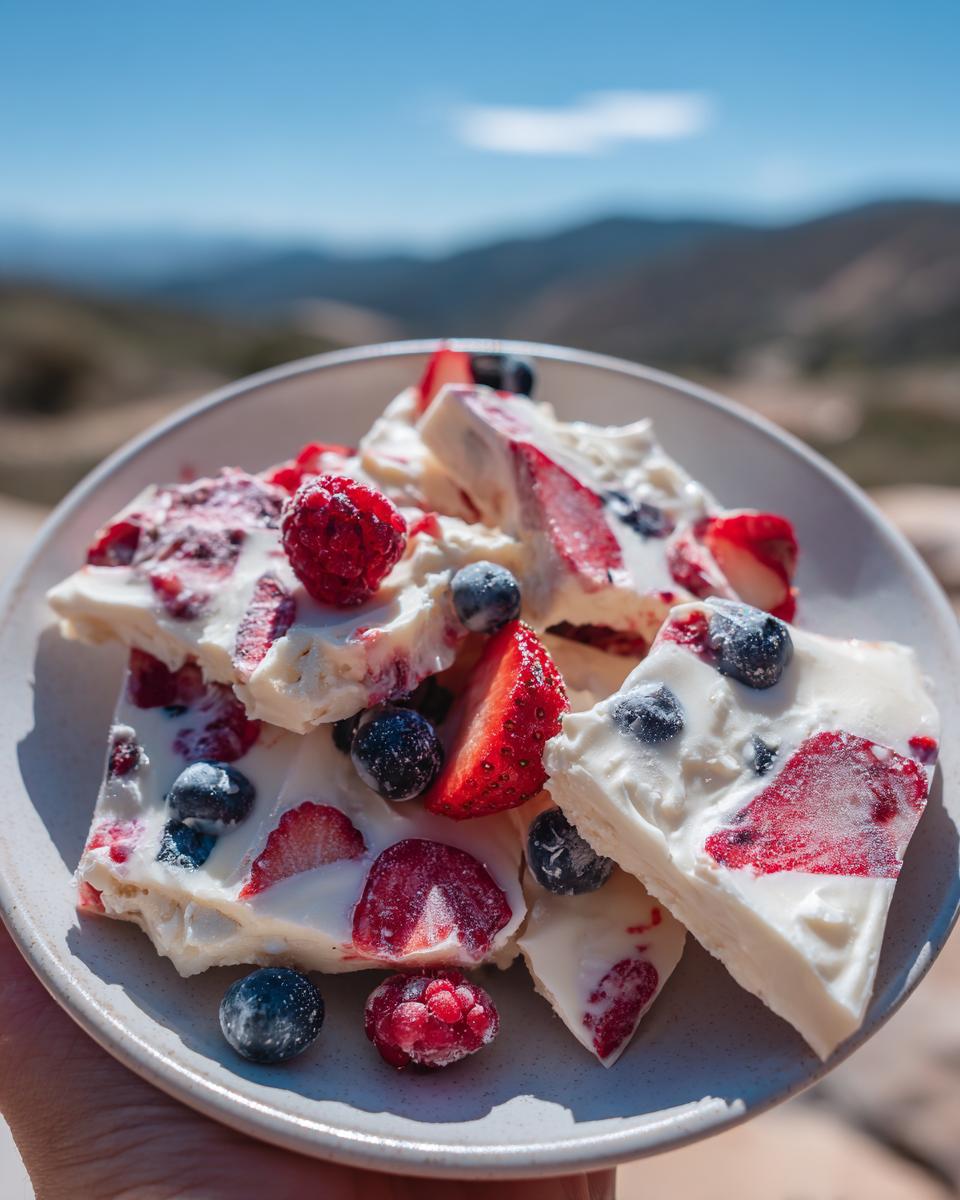 A plate of delicious frozen yogurt bark loaded with fresh strawberries, blueberries, and raspberries.