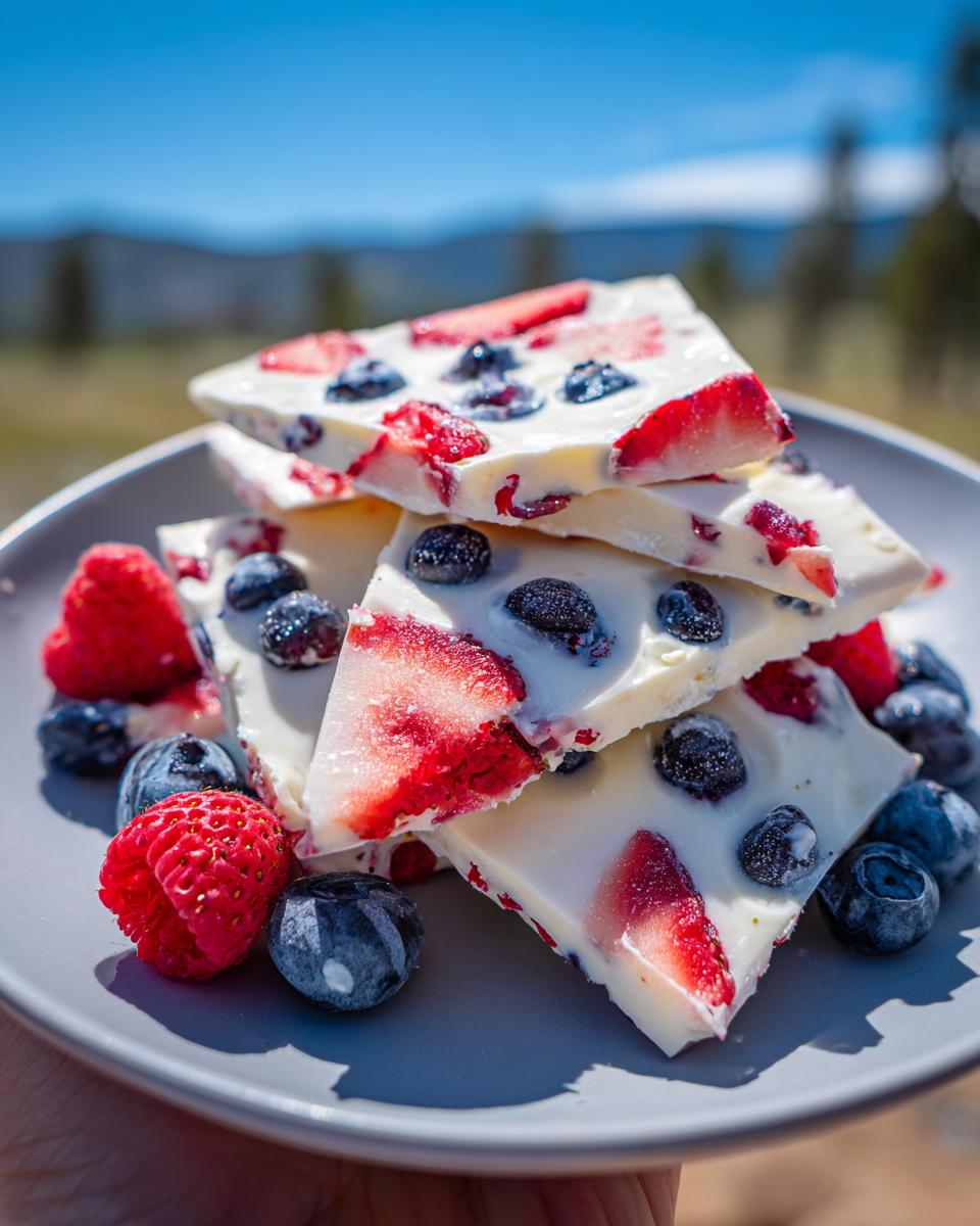 A stack of frozen yogurt bark pieces loaded with fresh strawberries and blueberries, served on a grey plate.