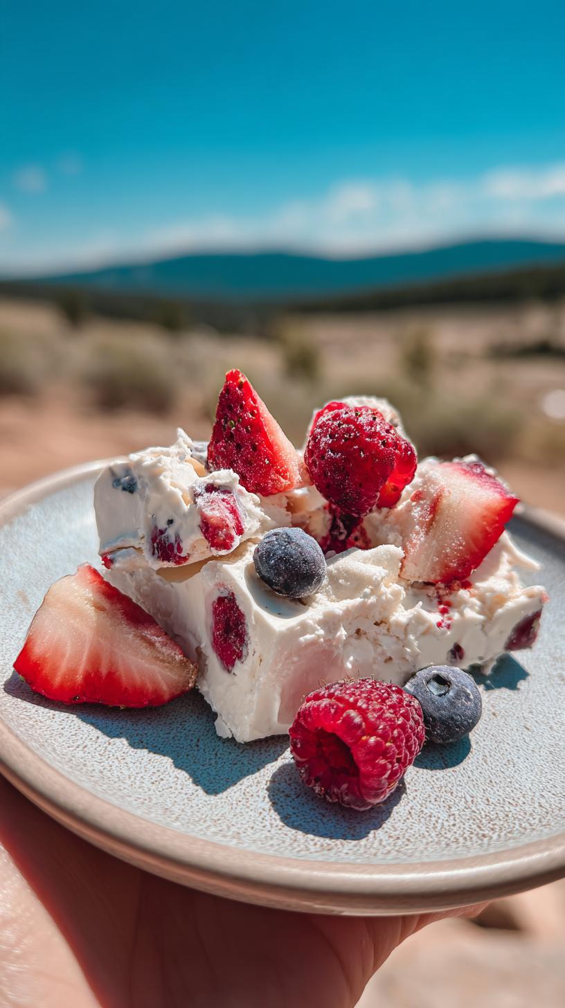 A close-up of a refreshing slice of 3-ingredient frozen yogurt bark topped with fresh strawberries, raspberries, and blueberries.