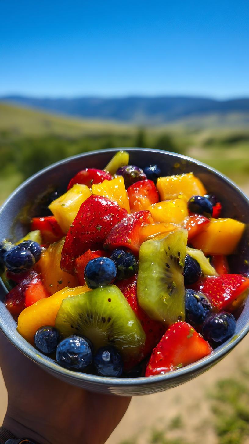 A close-up of a vibrant fruit salad with strawberries, blueberries, kiwi, and mango, coated in a honey lime dressing.