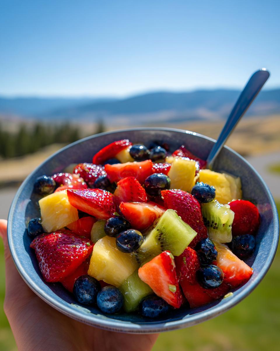 A vibrant bowl of fruit salad with strawberries, blueberries, pineapple, and kiwi, tossed in a honey lime dressing.