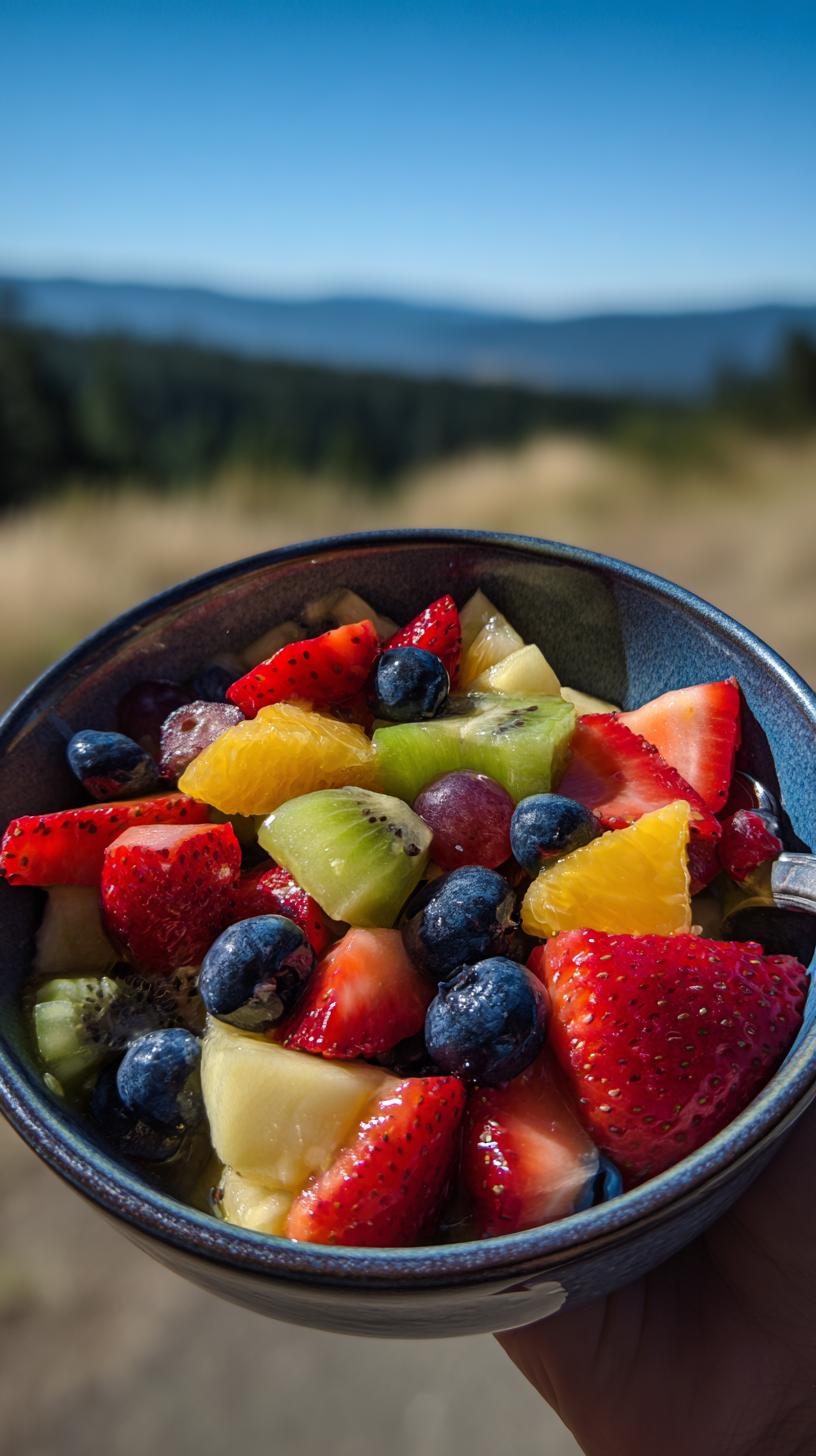 A vibrant bowl of fruit salad featuring strawberries, blueberries, kiwi, oranges, and grapes, tossed in a honey lime dressing.