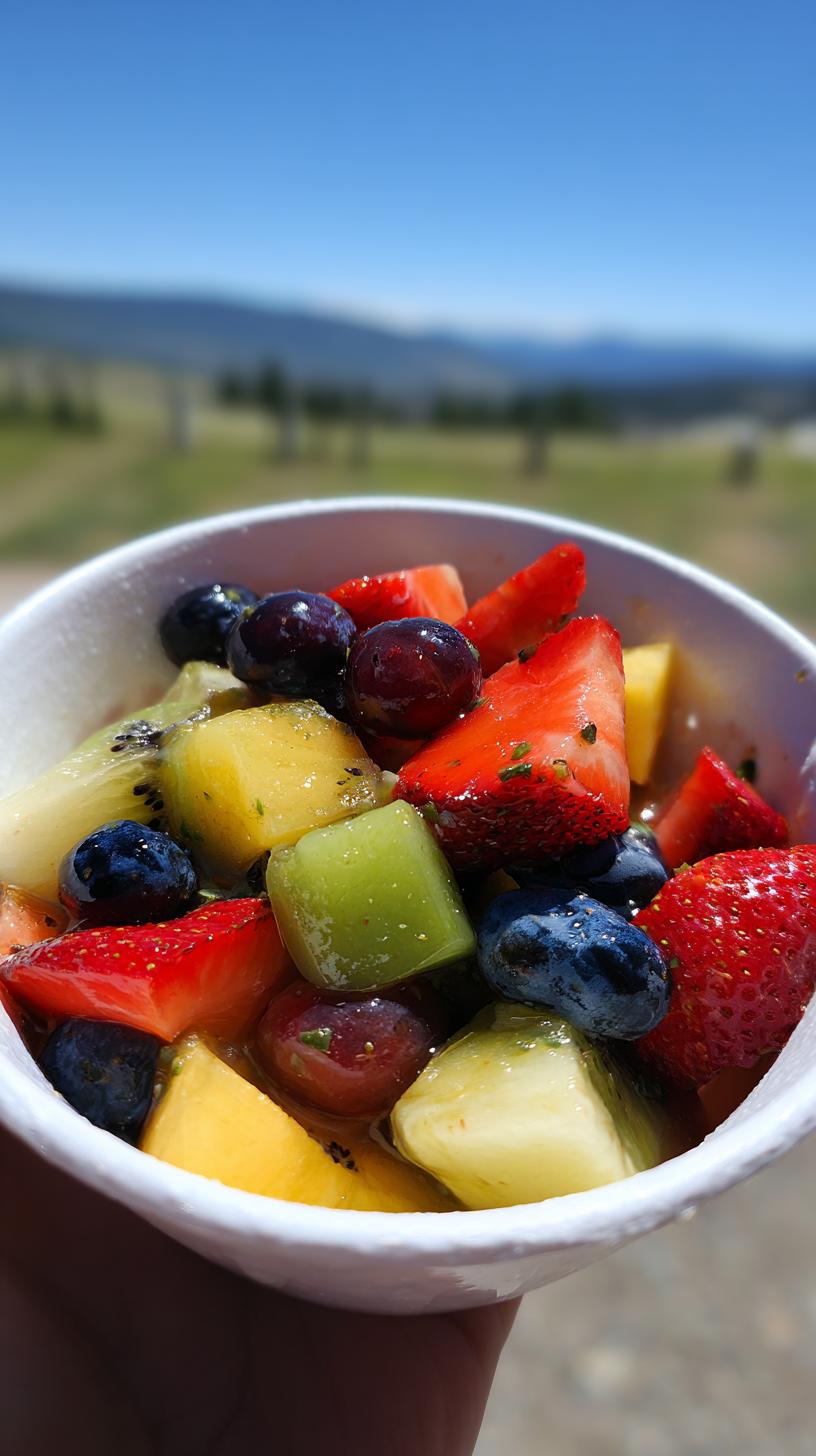Close-up of a vibrant fruit salad with strawberries, blueberries, kiwi, pineapple, and grapes, tossed in a honey lime dressing.