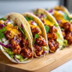 A close-up of delicious Garlic Butter Honey BBQ Chicken Tacos filled with shredded lettuce, cheese, and red onion on a wooden board.