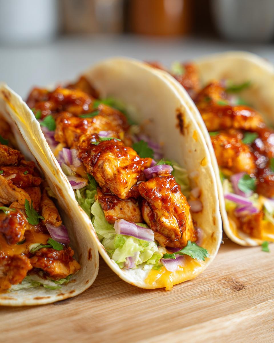 Amazing Garlic Butter Honey BBQ Chicken Tacos (30 Min) 6 Three delicious Garlic Butter Honey BBQ Chicken Tacos filled with shredded lettuce, cheese, red onion, and cilantro.