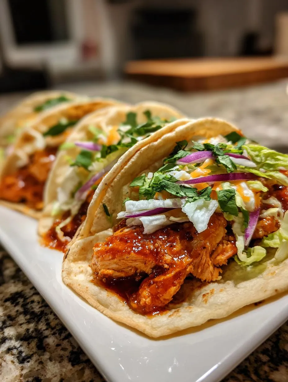 Amazing Garlic Butter Honey BBQ Chicken Tacos (30 Min) 7 A close-up of three Garlic Butter Honey BBQ Chicken Tacos filled with shredded chicken, lettuce, red onion, and cilantro.