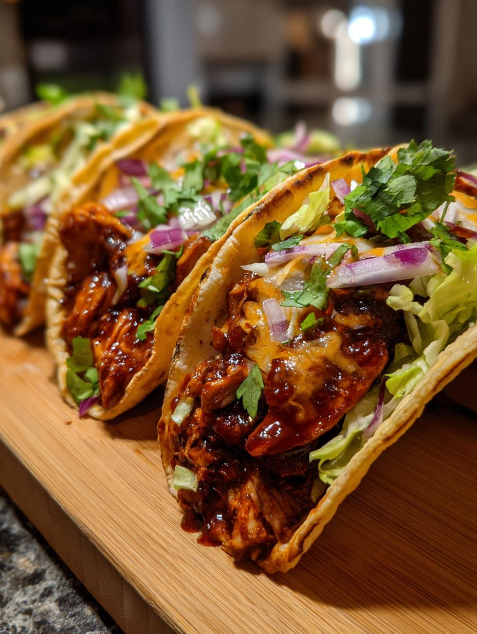 Amazing Garlic Butter Honey BBQ Chicken Tacos (30 Min) 8 Close-up of delicious Garlic Butter Honey BBQ Chicken Tacos filled with shredded chicken, cheese, lettuce, and red onion.