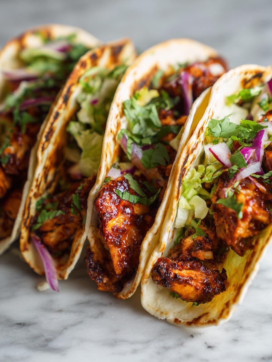 Amazing Garlic Butter Honey BBQ Chicken Tacos (30 Min) 9 A close-up of three Garlic Butter Honey BBQ Chicken Tacos filled with shredded lettuce, red onion, and cilantro.