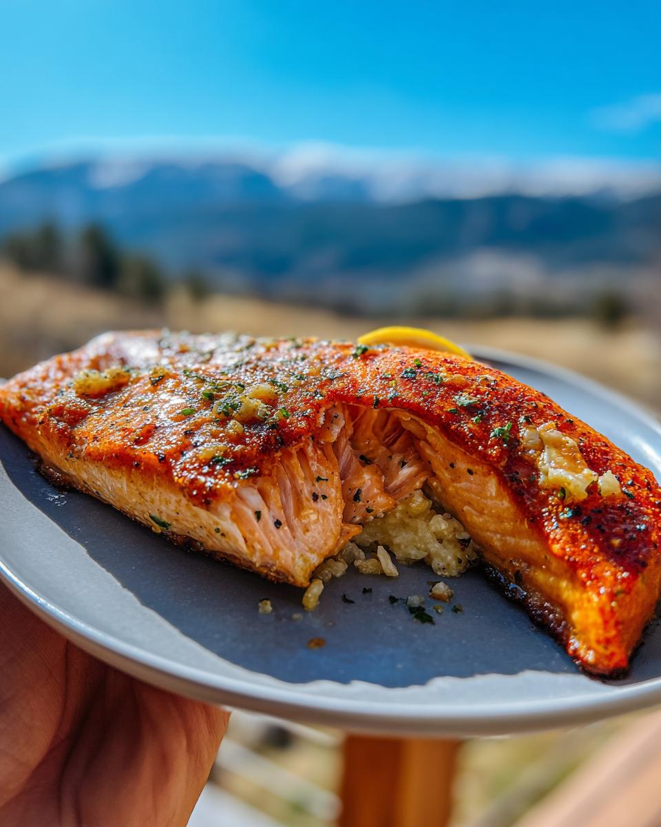 A perfectly cooked piece of Garlic Butter Salmon in 20 Minutes, glistening with butter and herbs, served on a plate with rice.