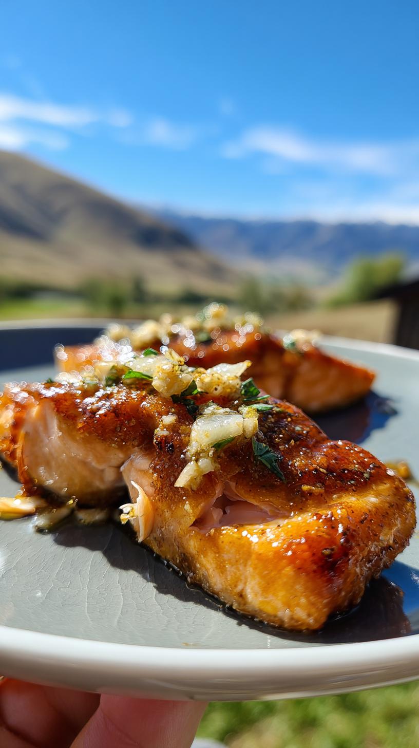 Close-up of two perfectly cooked fillets of Garlic Butter Salmon in 20 Minutes, topped with garlic and herbs, on a grey plate.