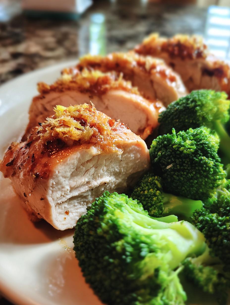 Amazing 40-Min Garlic Lemon Baked Chicken Breast 4 Close-up of sliced Garlic Lemon Baked Chicken Breast topped with crispy bits, served with steamed broccoli.