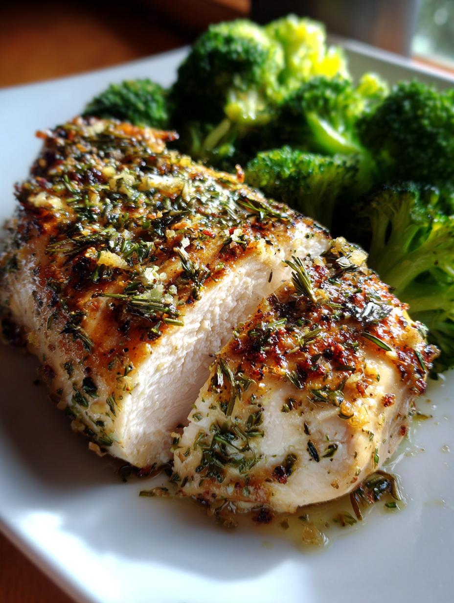 Amazing 40-Min Garlic Lemon Baked Chicken Breast 5 A juicy Garlic Lemon Baked Chicken Breast, sliced to show its tender interior, served with steamed broccoli.