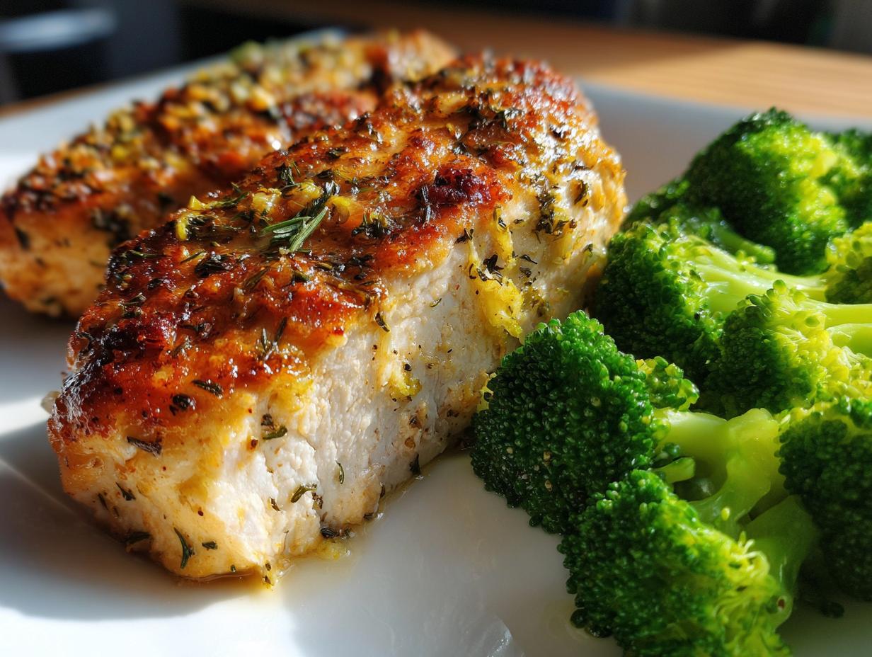 A close-up of a juicy Garlic Lemon Baked Chicken Breast served with vibrant green broccoli florets.