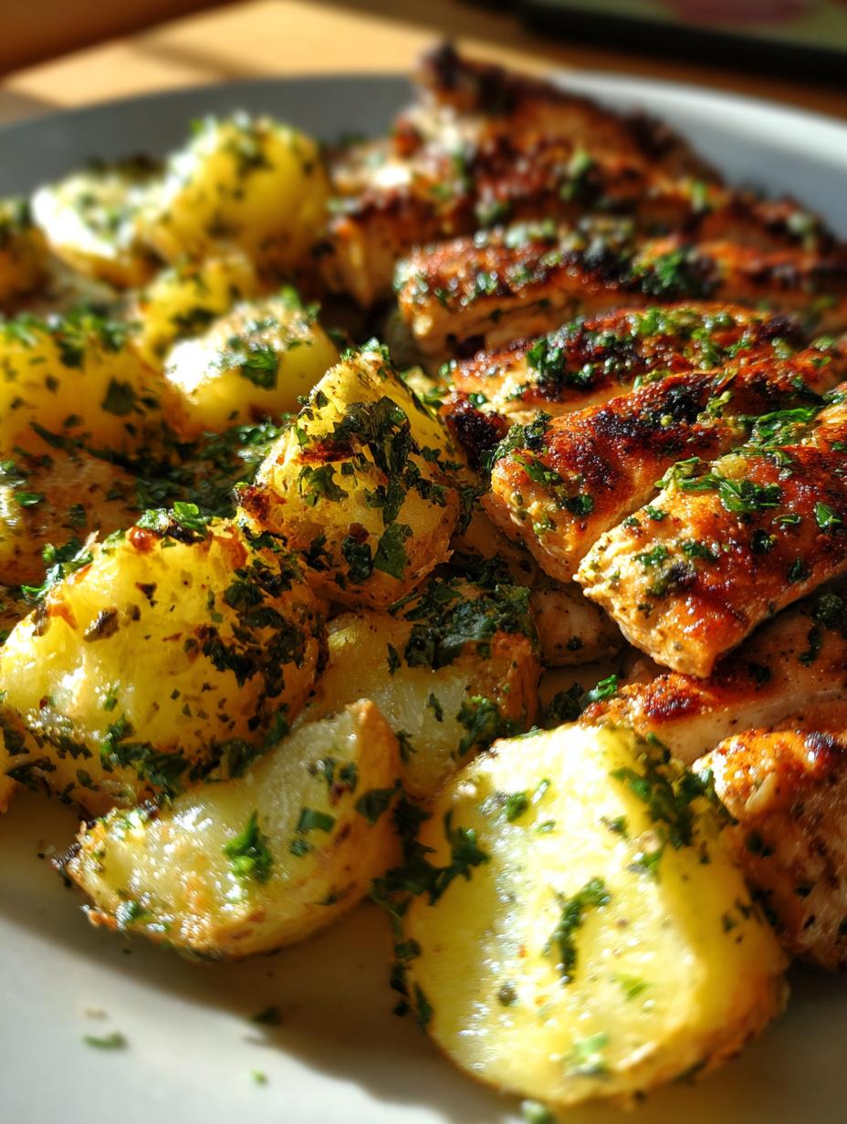 Close-up of golden brown Garlic Parmesan Chicken and Potatoes, sprinkled with fresh parsley.