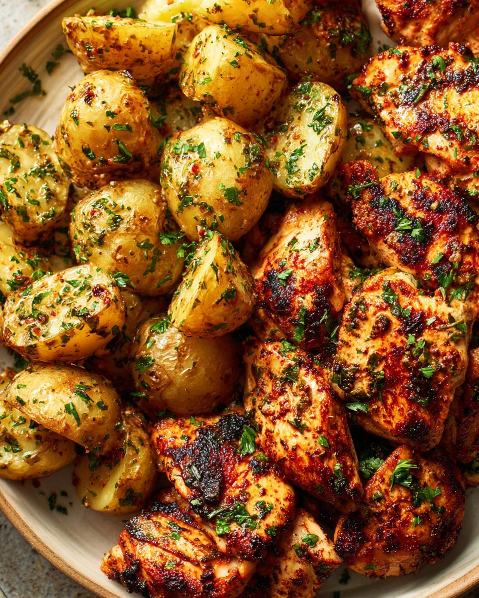 Close-up of tender Garlic Parmesan Chicken and Potatoes, seasoned with herbs and spices.