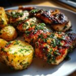 A close-up of delicious Garlic Parmesan Chicken and Potatoes, seasoned with fresh herbs.