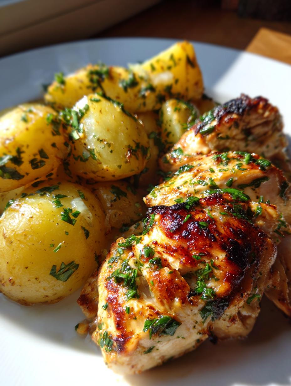 Close-up of golden-brown Garlic Parmesan Chicken and Potatoes, garnished with fresh parsley.