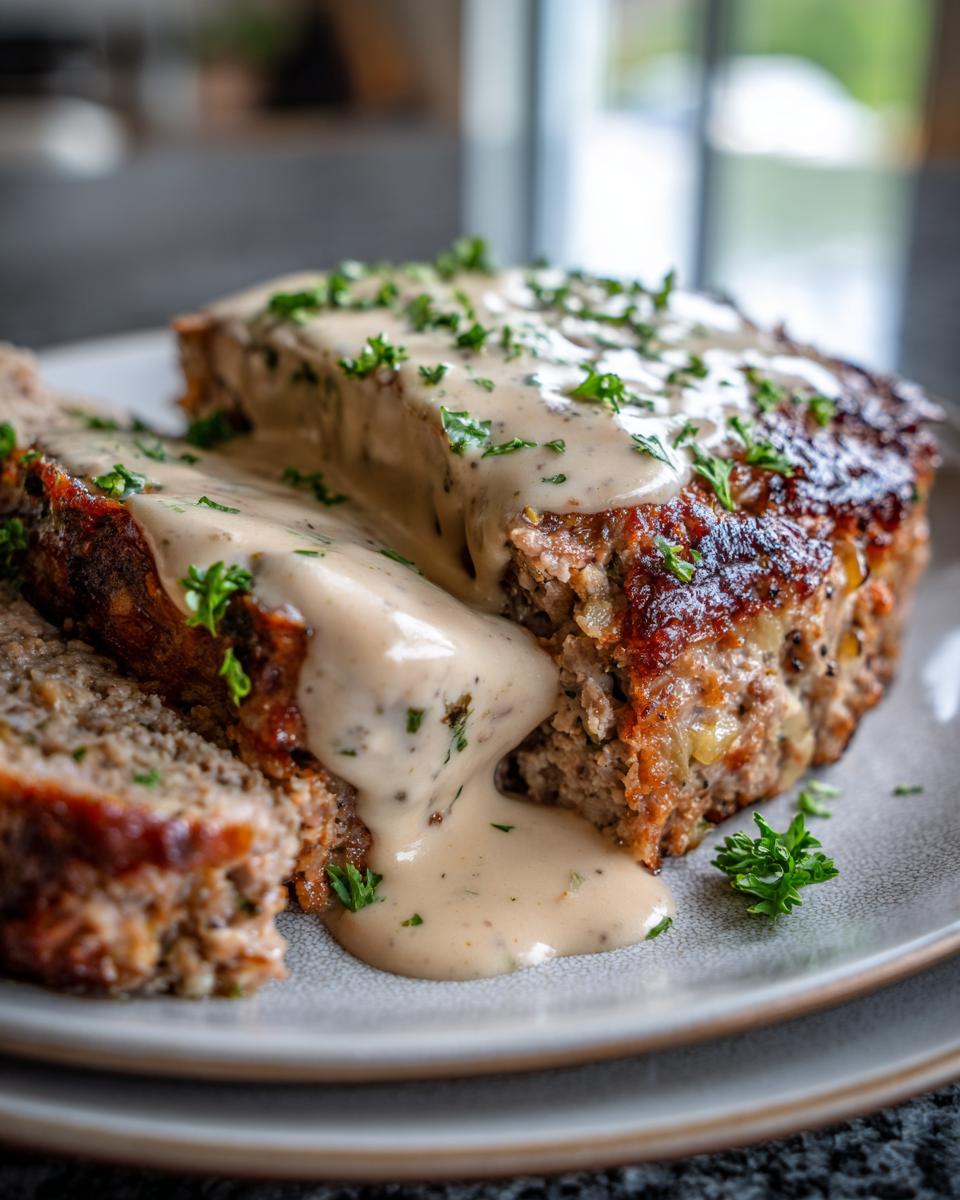 A slice of Garlic Parmesan Meatloaf topped with creamy sauce and fresh parsley, served on a plate.