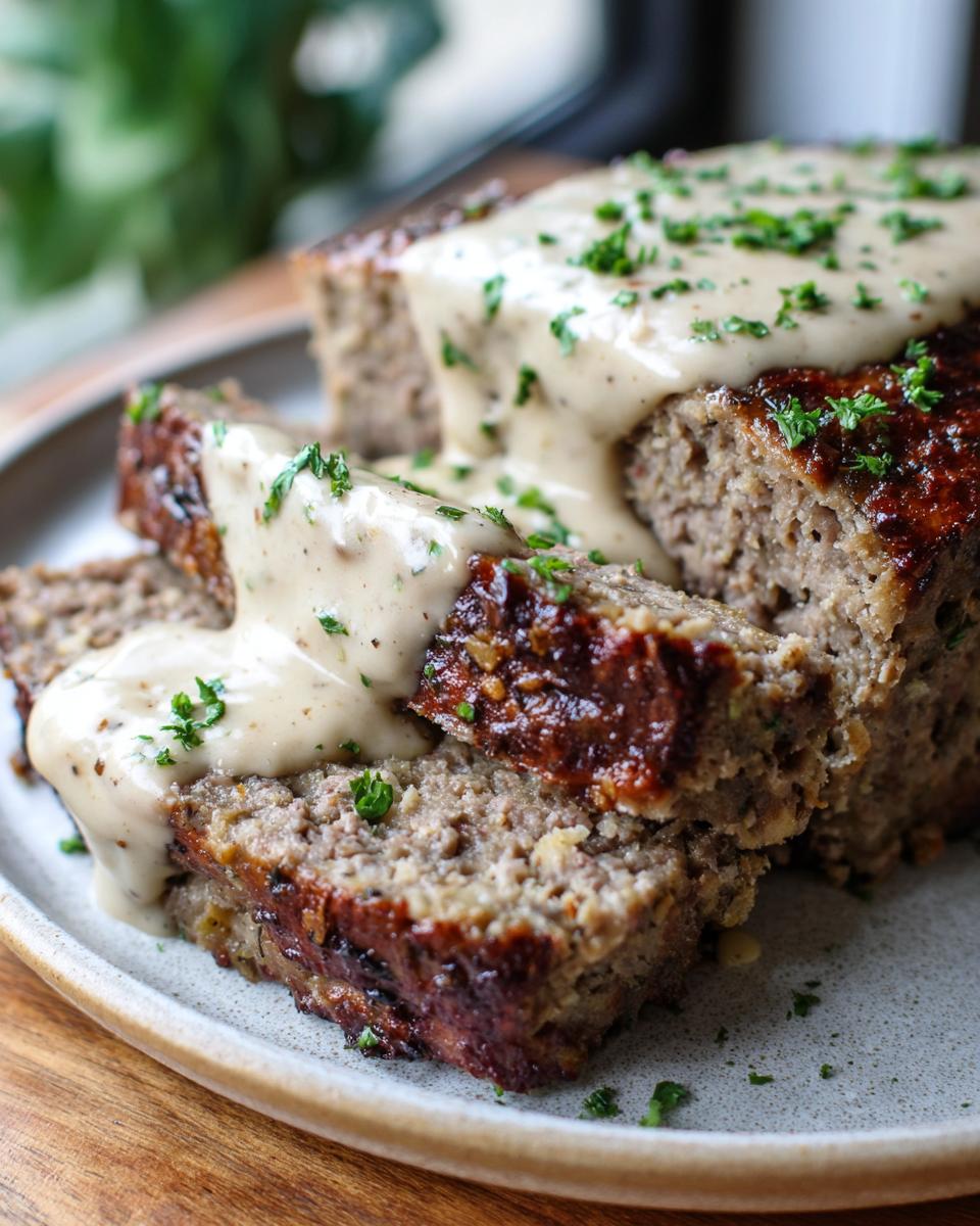 Close-up of sliced Garlic Parmesan Meatloaf with Creamy Sauce, garnished with parsley.