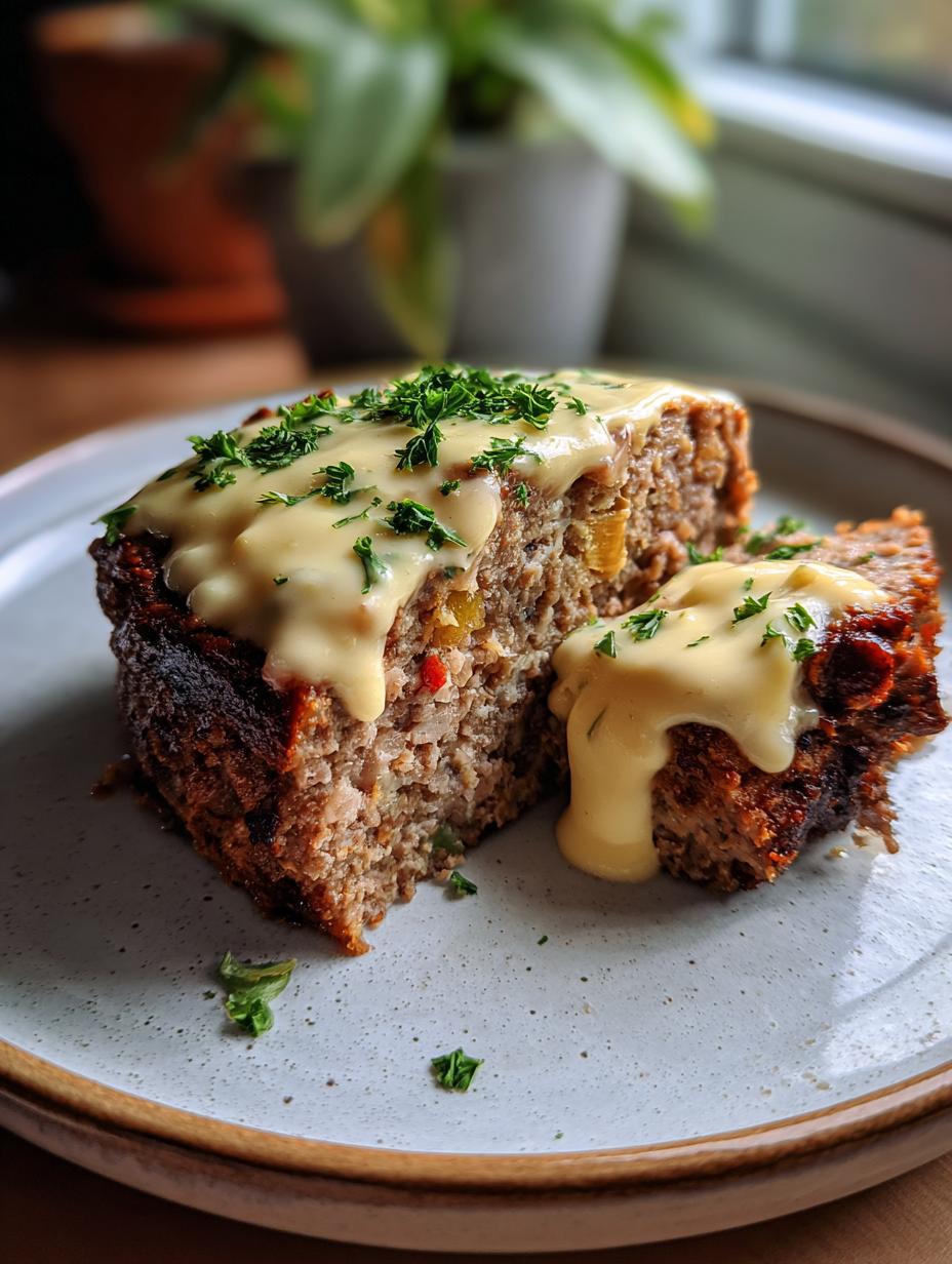 A slice of Garlic Parmesan Meatloaf with Creamy Sauce, garnished with fresh parsley.