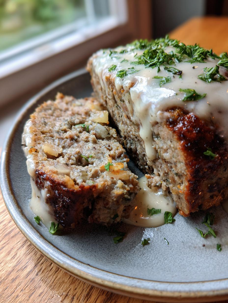 A slice of Garlic Parmesan Meatloaf with Creamy Sauce, topped with fresh parsley, served on a gray plate.
