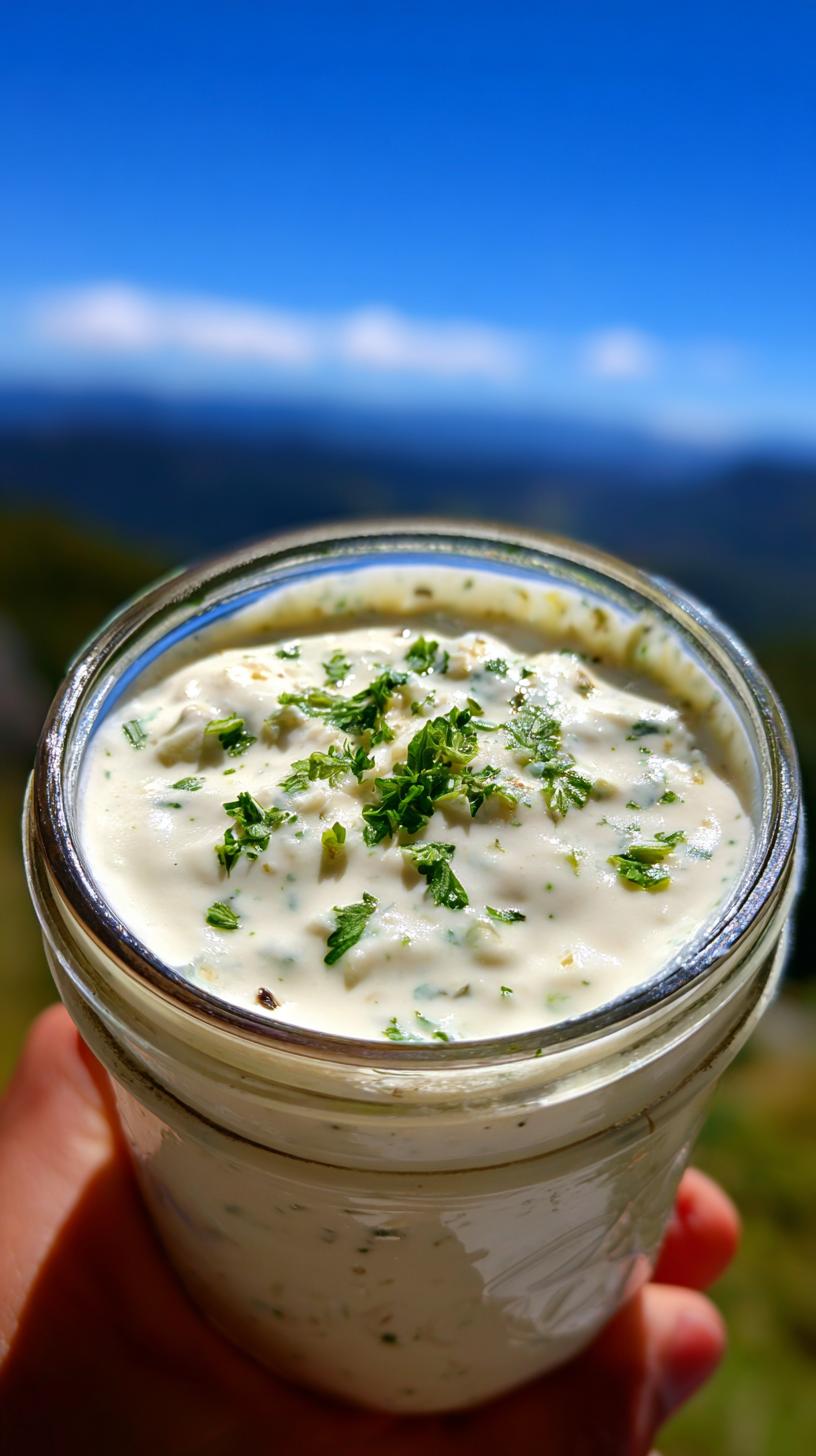 A jar of creamy Garlic Yogurt Sauce for Everything, garnished with fresh parsley, held outdoors.