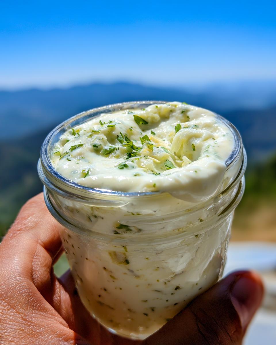 A hand holds a jar filled with creamy Garlic Yogurt Sauce for Everything, garnished with fresh herbs.
