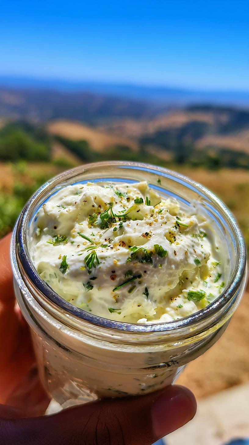 Close-up of a glass jar filled with creamy Garlic Yogurt Sauce for Everything, topped with fresh herbs and spices.
