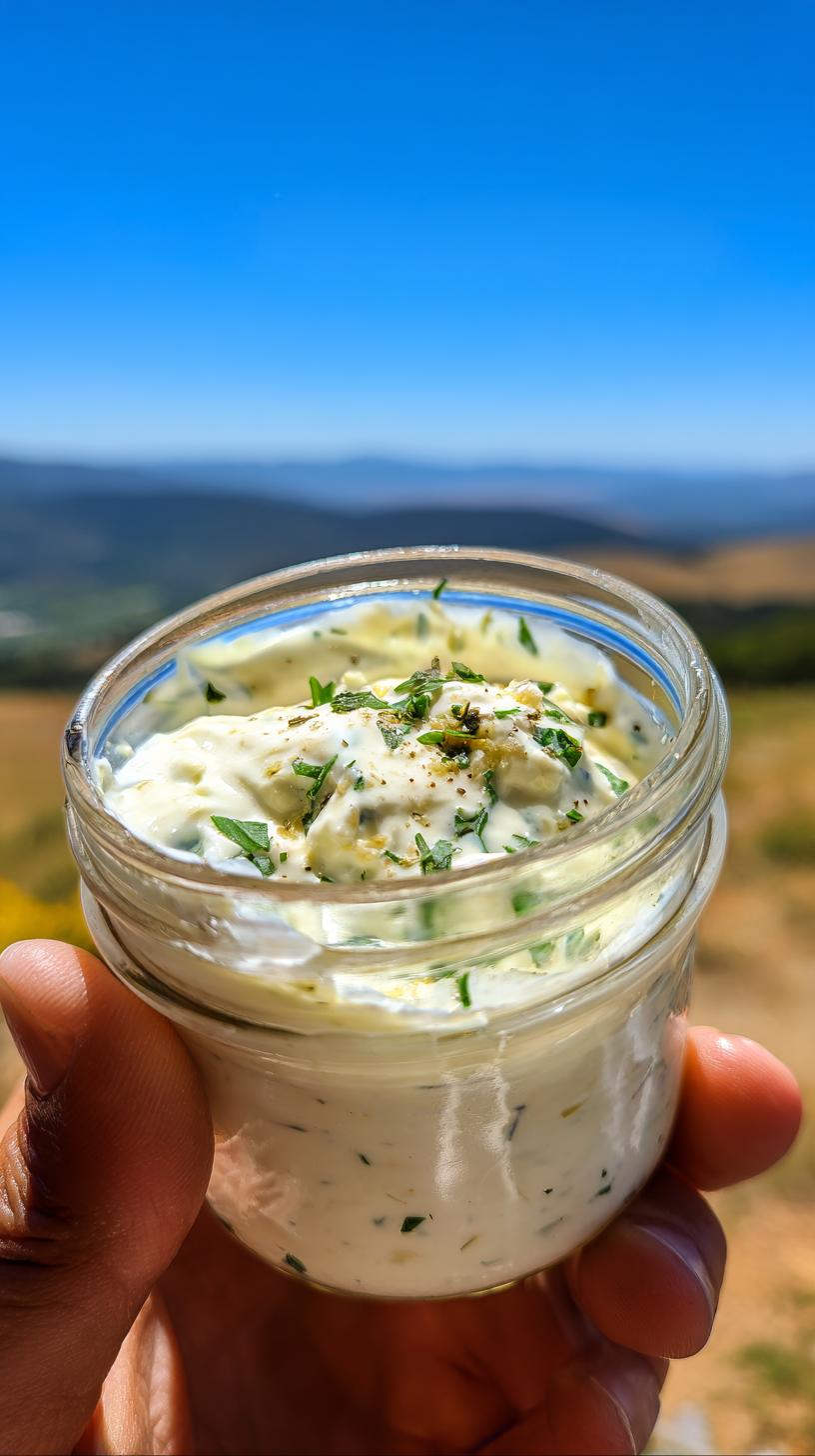 A close-up of a small glass jar filled with creamy Garlic Yogurt Sauce, topped with fresh herbs and spices.