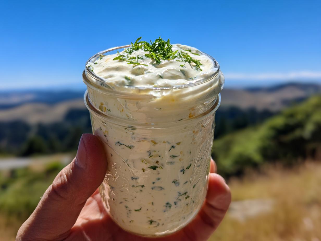 A hand holds a mason jar filled with creamy Garlic Yogurt Sauce, topped with fresh herbs, with a scenic outdoor background.