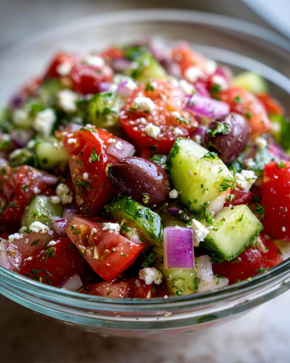 Close-up of a refreshing Greek Style Tomato Cucumber Salsa in a glass bowl, featuring chopped tomatoes, cucumbers, red onion, olives, and feta cheese.