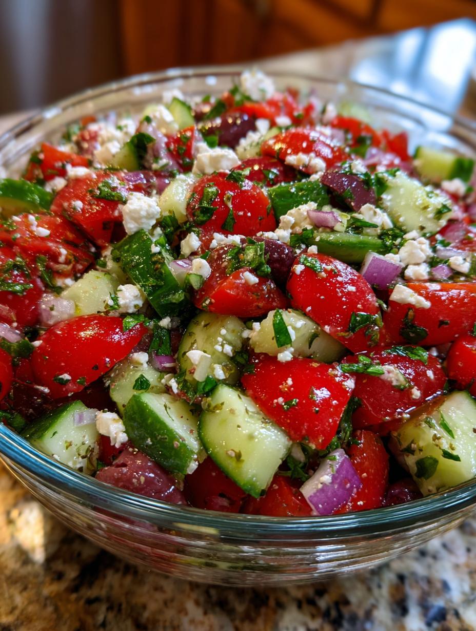 Close-up of a bowl filled with vibrant Greek Style Tomato Cucumber Salsa, featuring chopped tomatoes, cucumbers, red onion, olives, and feta cheese.