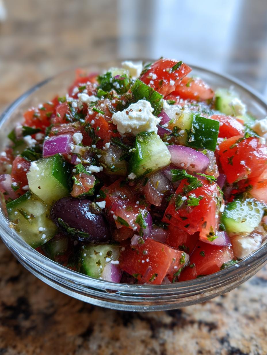 A close-up of a glass bowl filled with vibrant Greek Style Tomato Cucumber Salsa, featuring chopped tomatoes, cucumbers, red onion, olives, and feta cheese.