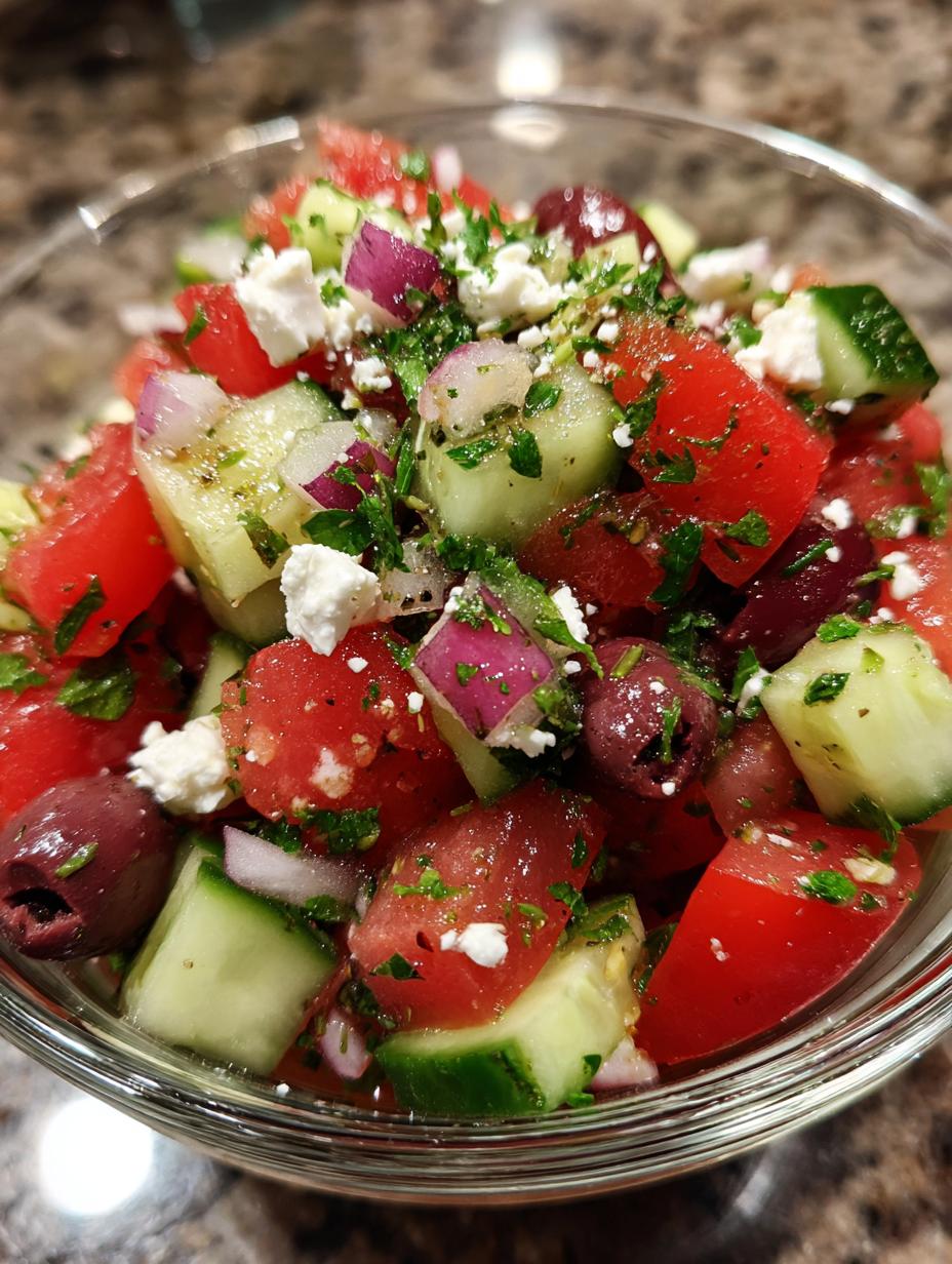 Close-up of a refreshing Greek Style Tomato Cucumber Salsa, featuring chopped tomatoes, cucumbers, red onion, olives, and feta cheese.