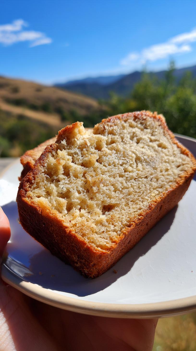 A close-up of a moist slice of Greek yogurt banana bread on a white plate, with a blurred outdoor background.