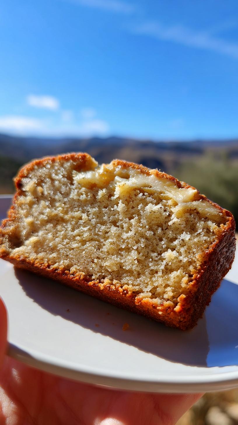 A close-up of a moist slice of Greek yogurt banana bread on a white plate, with a blurred outdoor background.