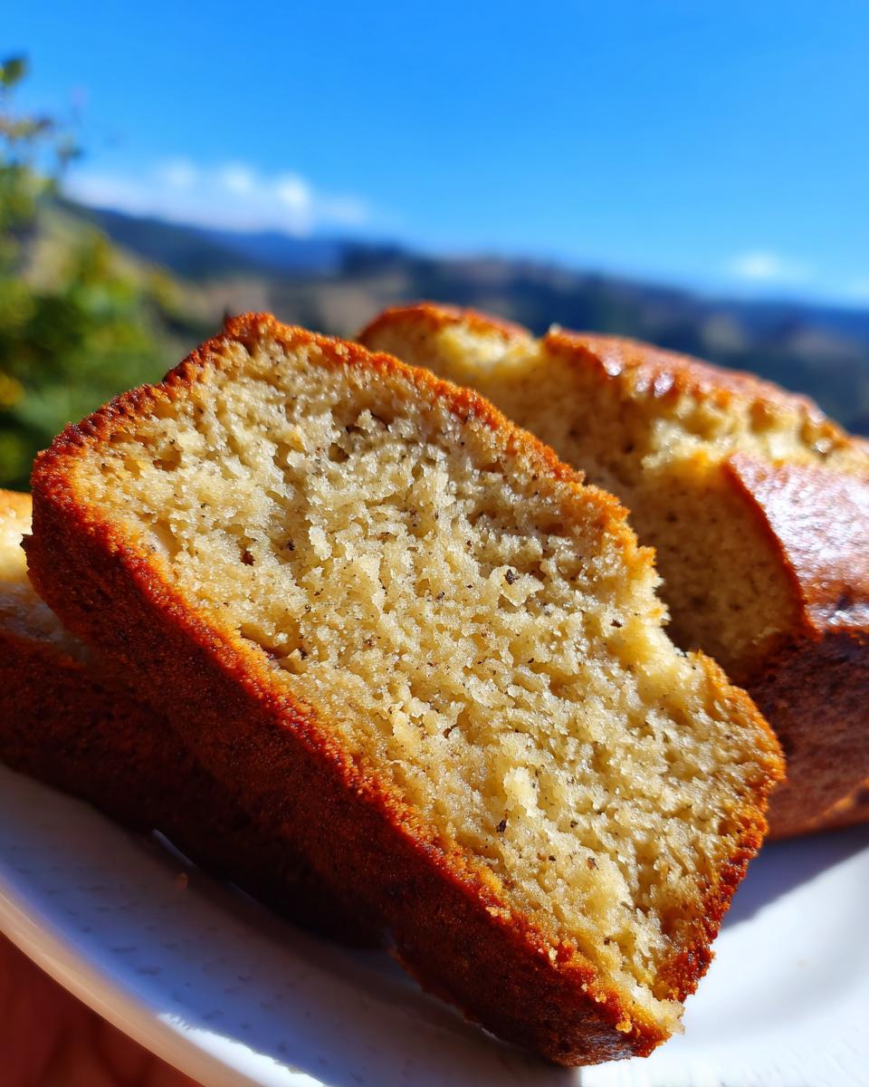 Close-up of moist Greek yogurt banana bread slices on a white plate with a blurred outdoor background.