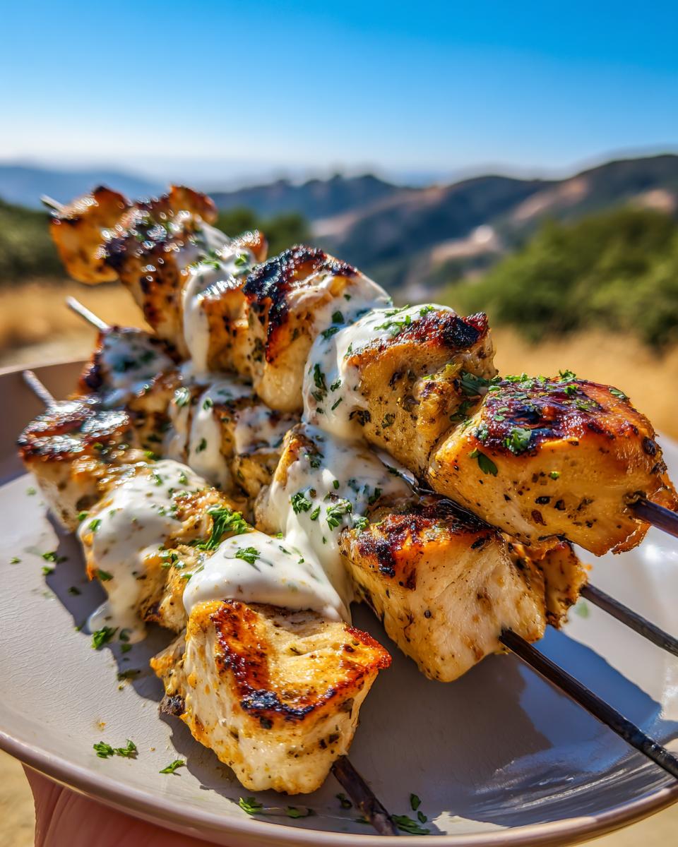 Close-up of juicy grilled chicken skewers drizzled with creamy yogurt sauce and sprinkled with herbs.