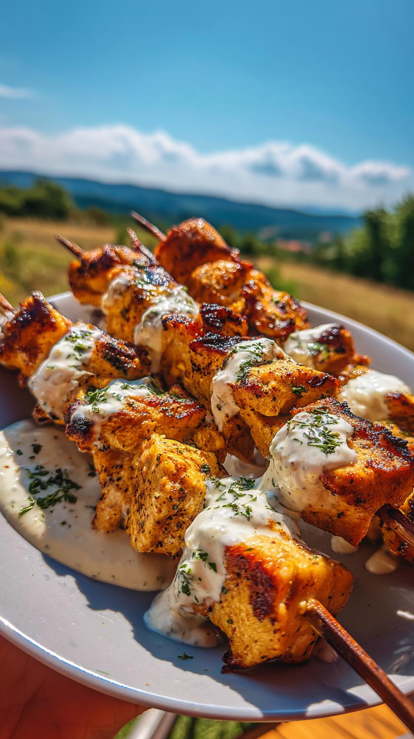 Close-up of juicy grilled chicken skewers generously drizzled with creamy yogurt sauce and sprinkled with fresh herbs.