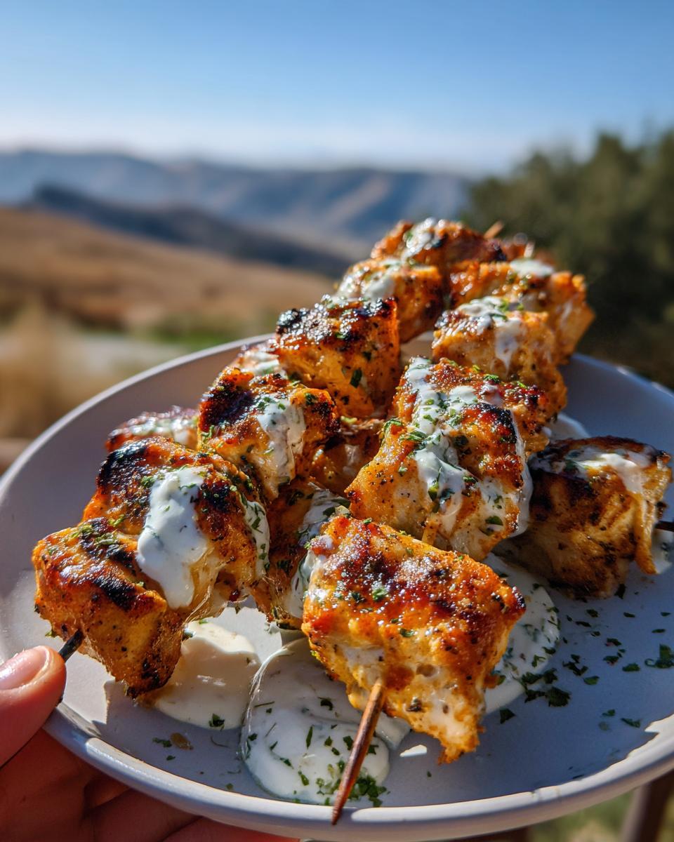 A plate of juicy grilled chicken skewers drizzled with creamy yogurt sauce and garnished with herbs.