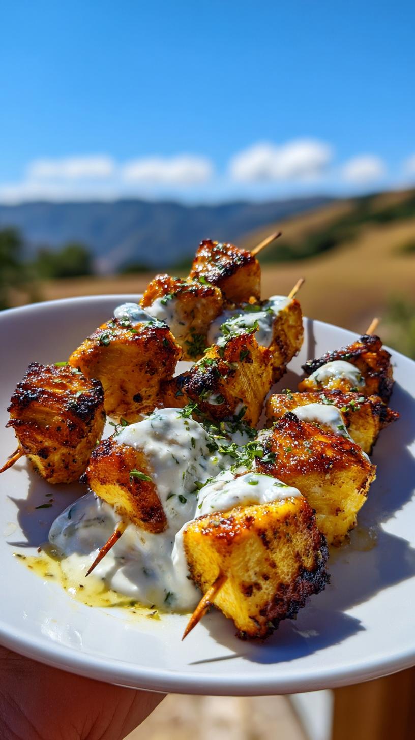 Close-up of juicy grilled chicken skewers drizzled with creamy yogurt sauce and fresh herbs.