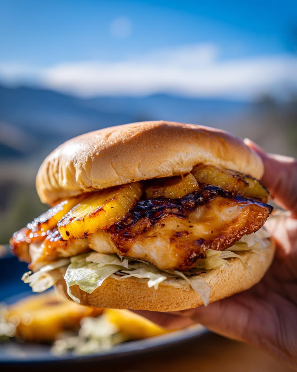 Close-up of a delicious Hawaiian chicken sandwich with grilled pineapple slices and shredded lettuce.