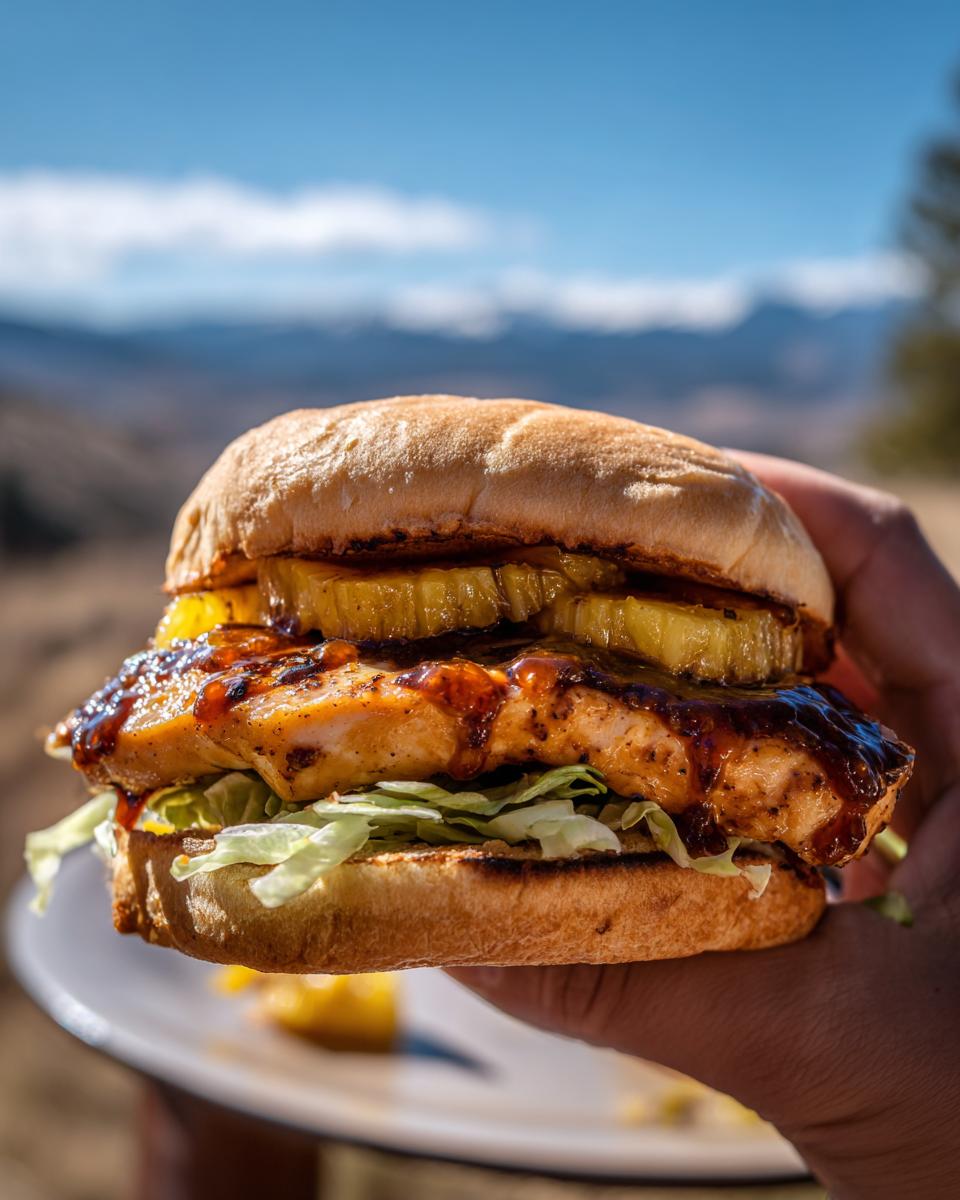 A person holding a Hawaiian chicken sandwich with grilled pineapple, lettuce, and sauce.