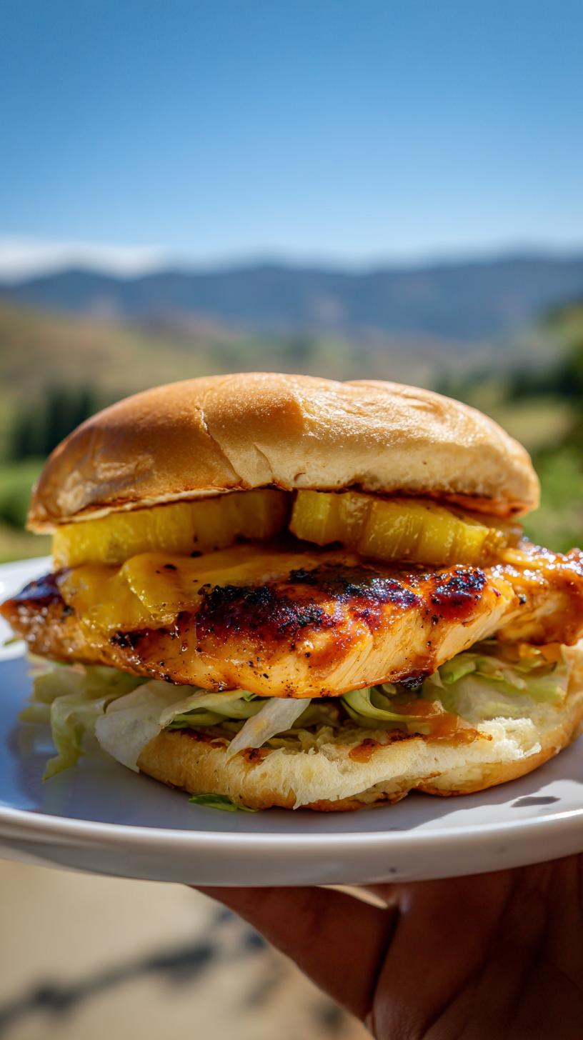 A delicious Hawaiian chicken sandwich with grilled chicken, melted cheese, pineapple rings, and lettuce on a bun.